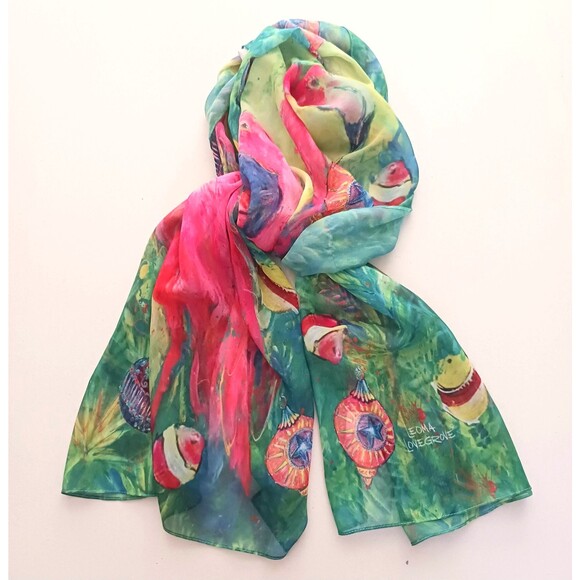 NEW Leoma Lovegrove XMAS Flamingo Bright Colorful Scarf/Wrap 24X64 Rolled Edge - Picture 3 of 4